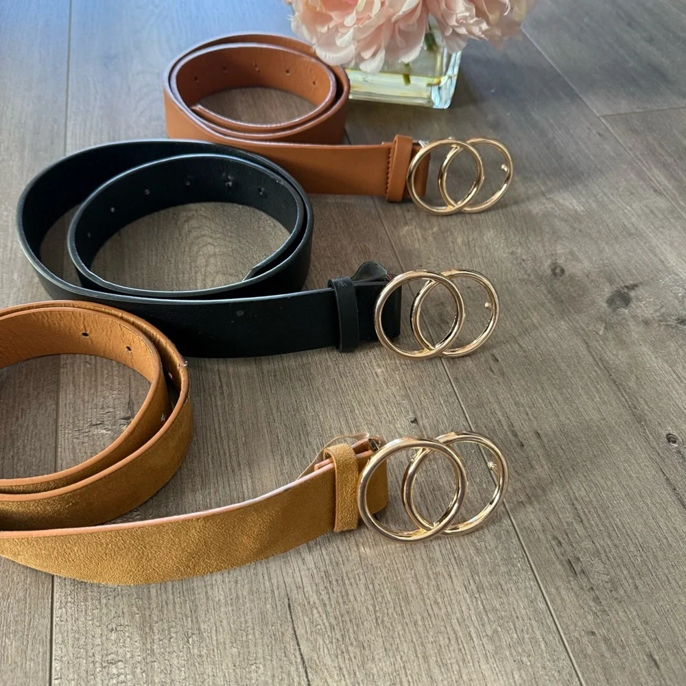 3 Leather Gold Tone Double‎ Circle Faux Leather Belts